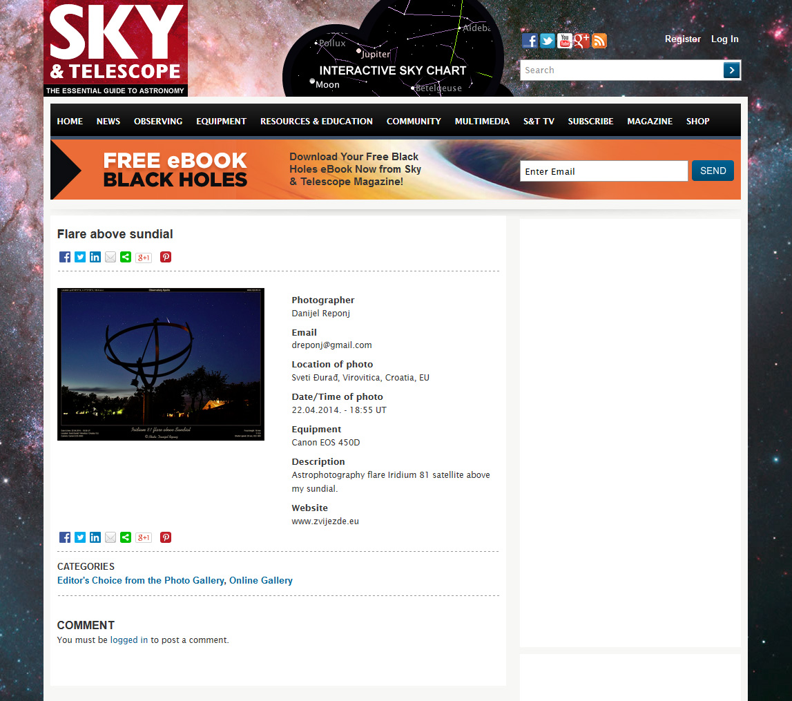 Objava na stranicama Sky and Telescope
